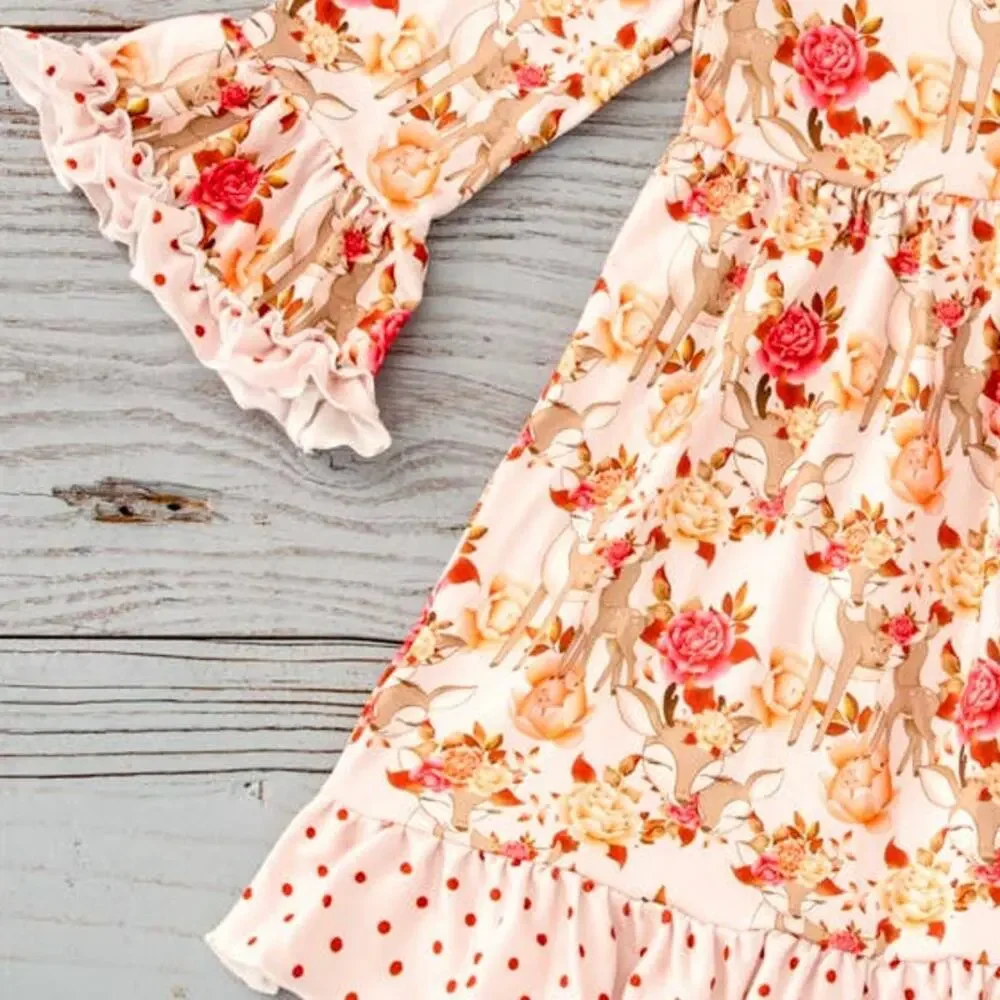 Deer and Roses Ruffle Dress by PETE + LUCY Winter Holiday Girls 10/12 NEW
